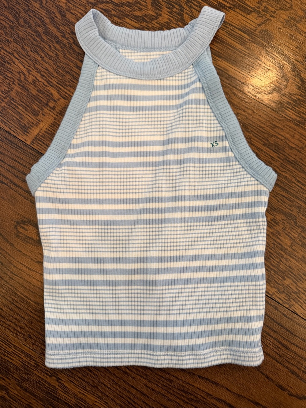 American Eagle Outfitters Light Blue and White Ribbed Stripe Crop Tank